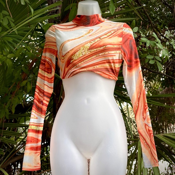 Blanc Mesh Copper Brown Swirl Top Size S 4 Crop Mock Neck Artsy Abstract Quartz - Picture 5 of 14